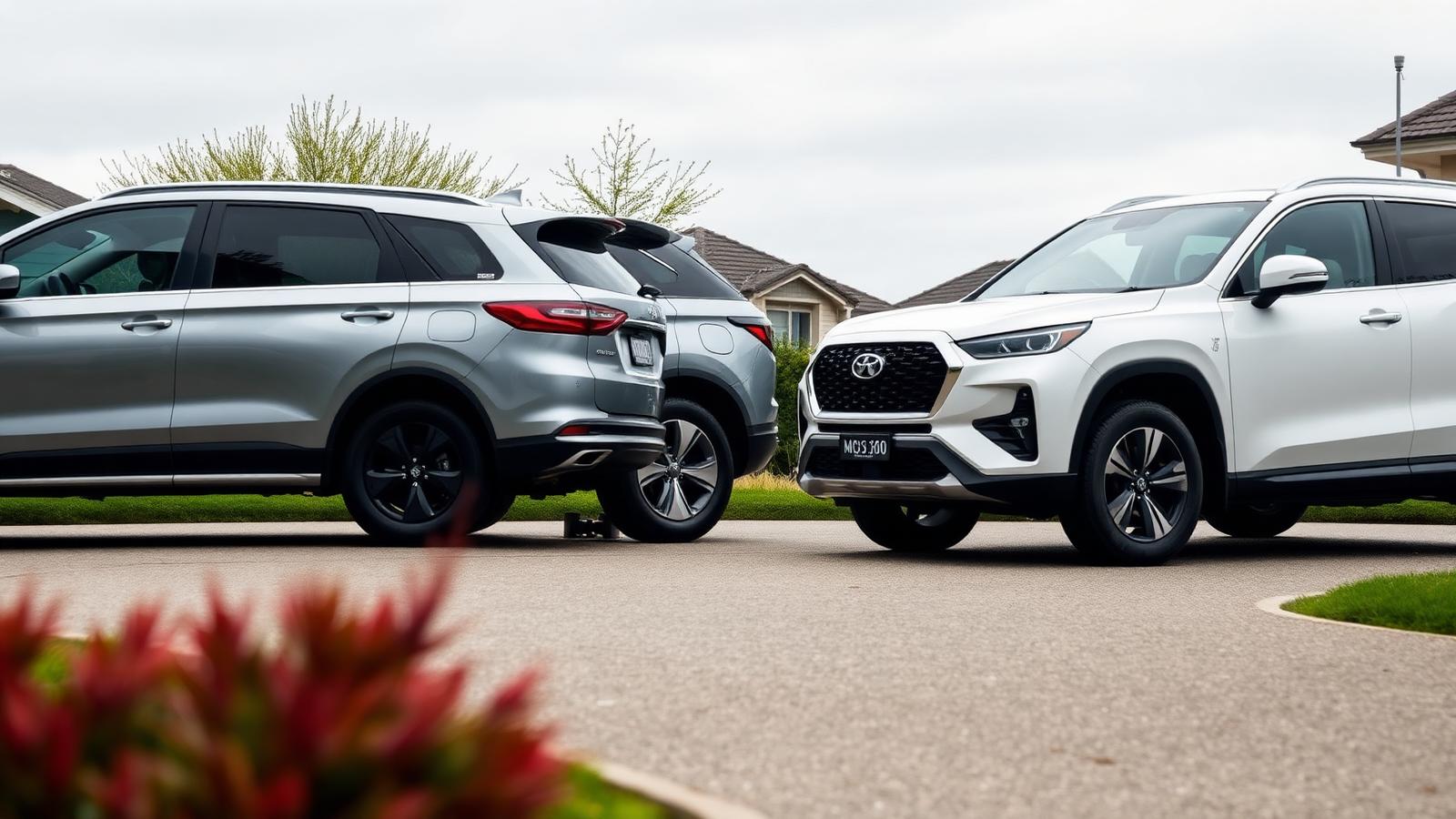 A silver mid-size SUV and a white mid-size SUV parked side by side in a New Zealand driveway.