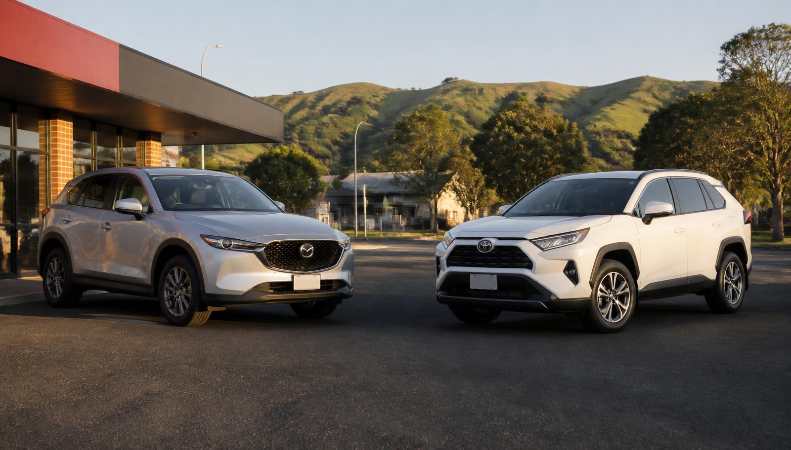 A silver Mazda CX-5 and a white Toyota RAV4 parked at an angle facing each other on a semi-urban New Zealand street in late afternoon light.