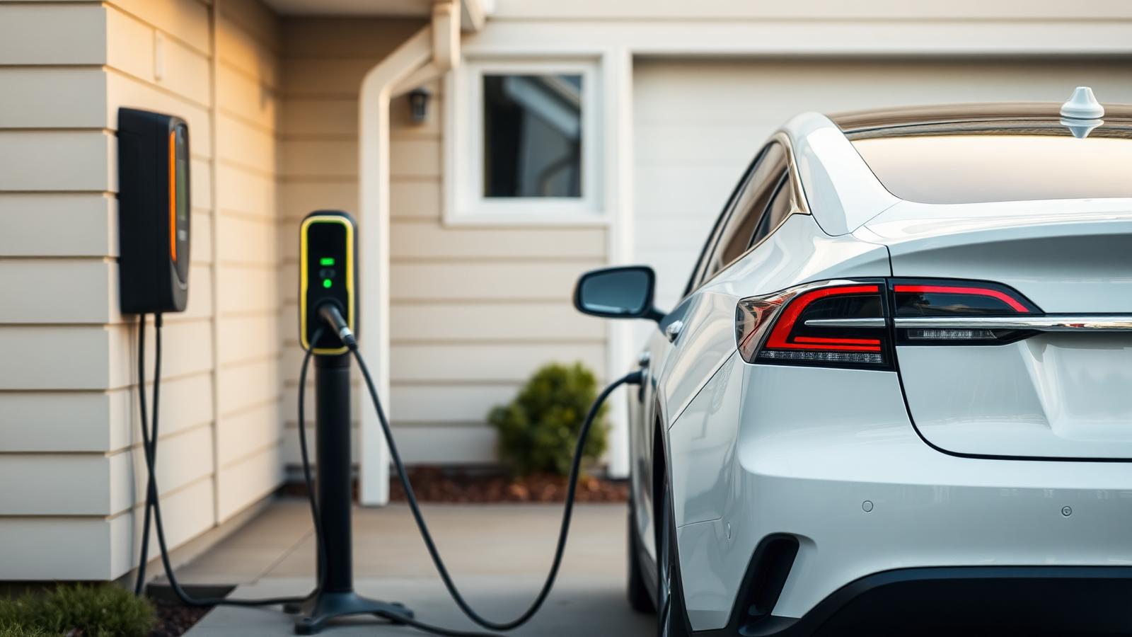 An electric car plugged into a home charger in a New Zealand driveway.