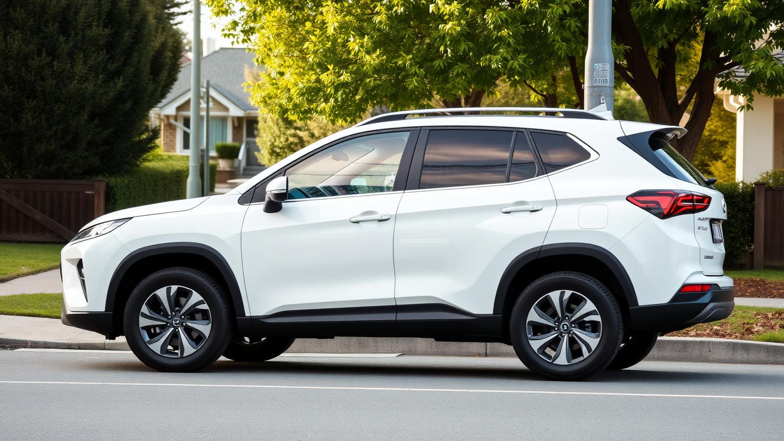 A white hybrid SUV parked on a New Zealand suburban street.