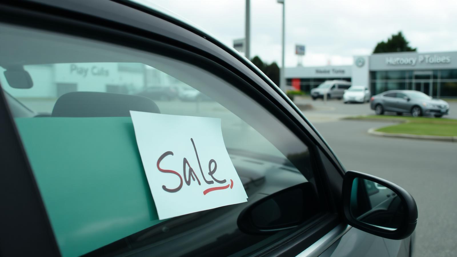 A used car for sale on a New Zealand suburban street with a dealership forecourt in the background.