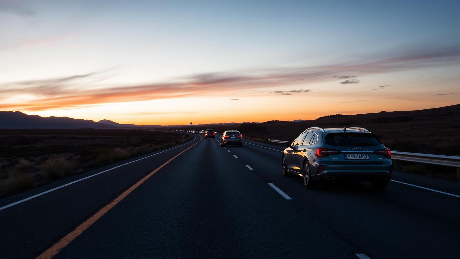 Cars travelling on a New Zealand highway at dusk.